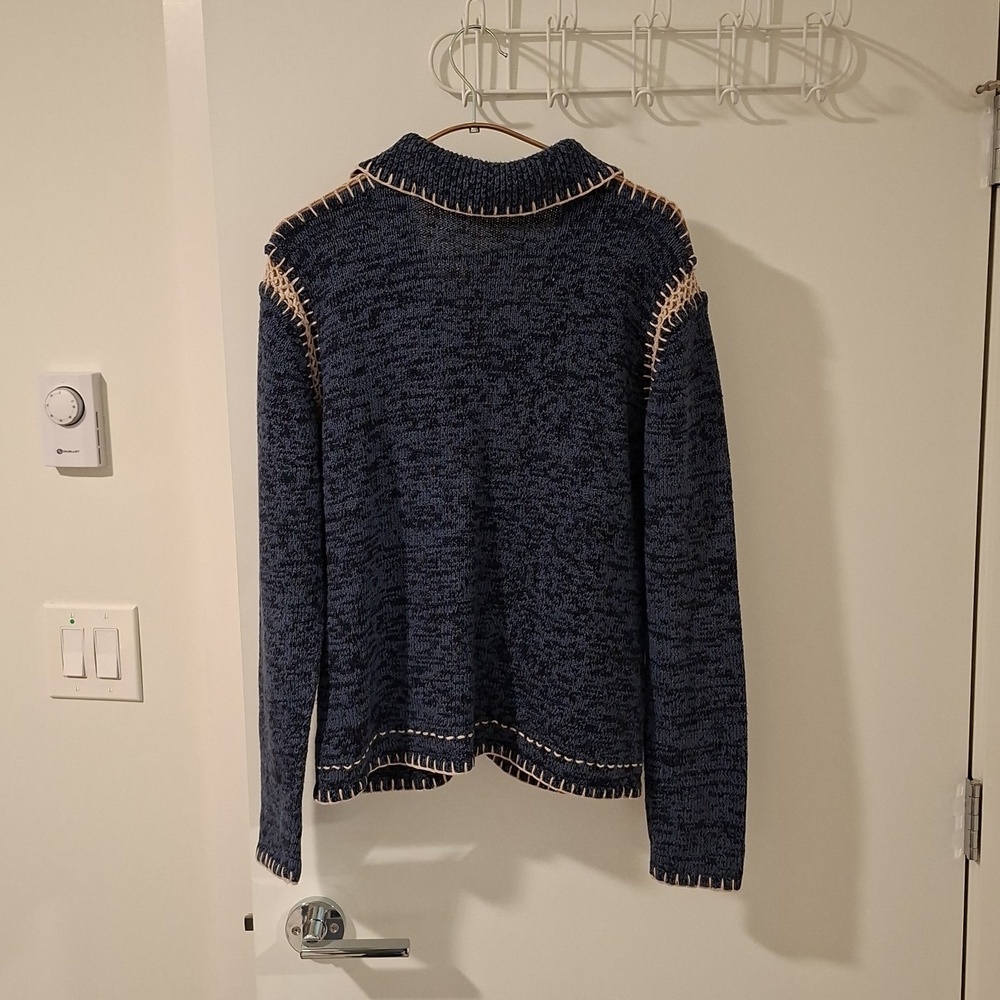 Vintage Blue Polo-neck Cardigan with Cream Crochet & Blanket Stitch (Size S) - Picture 2 of 10